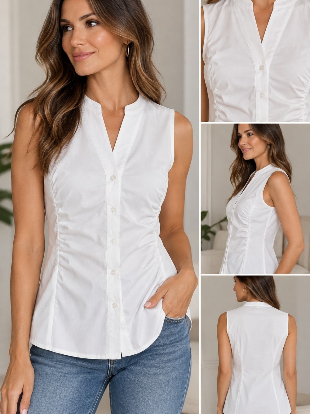 Calvin Klein White Sleeveless Button-Down V-Notch Shirt